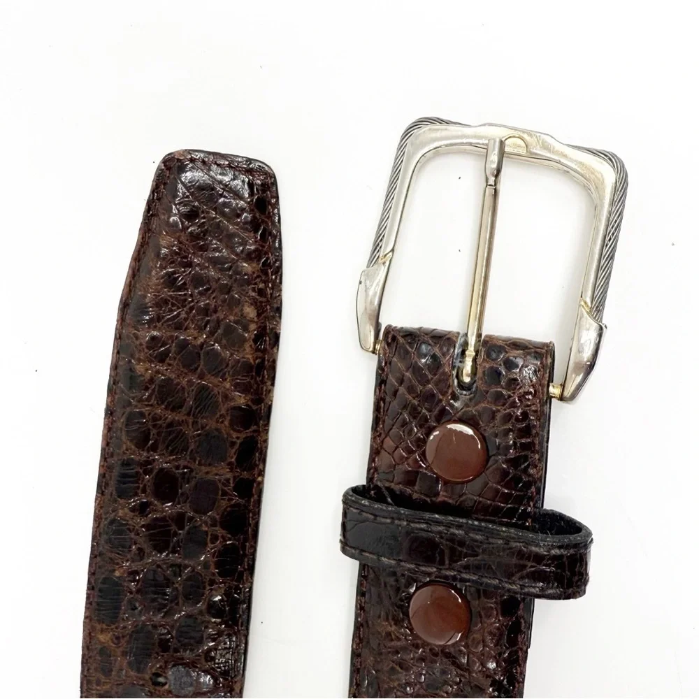 Genuine Alligator Brown Leather Belt with Silver Cable Buckle, Size 42